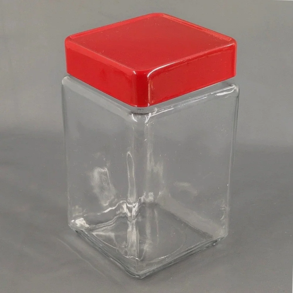 Vintage Anchor Hocking Square Clear Glass Canister Red Lid Kitchen Jar